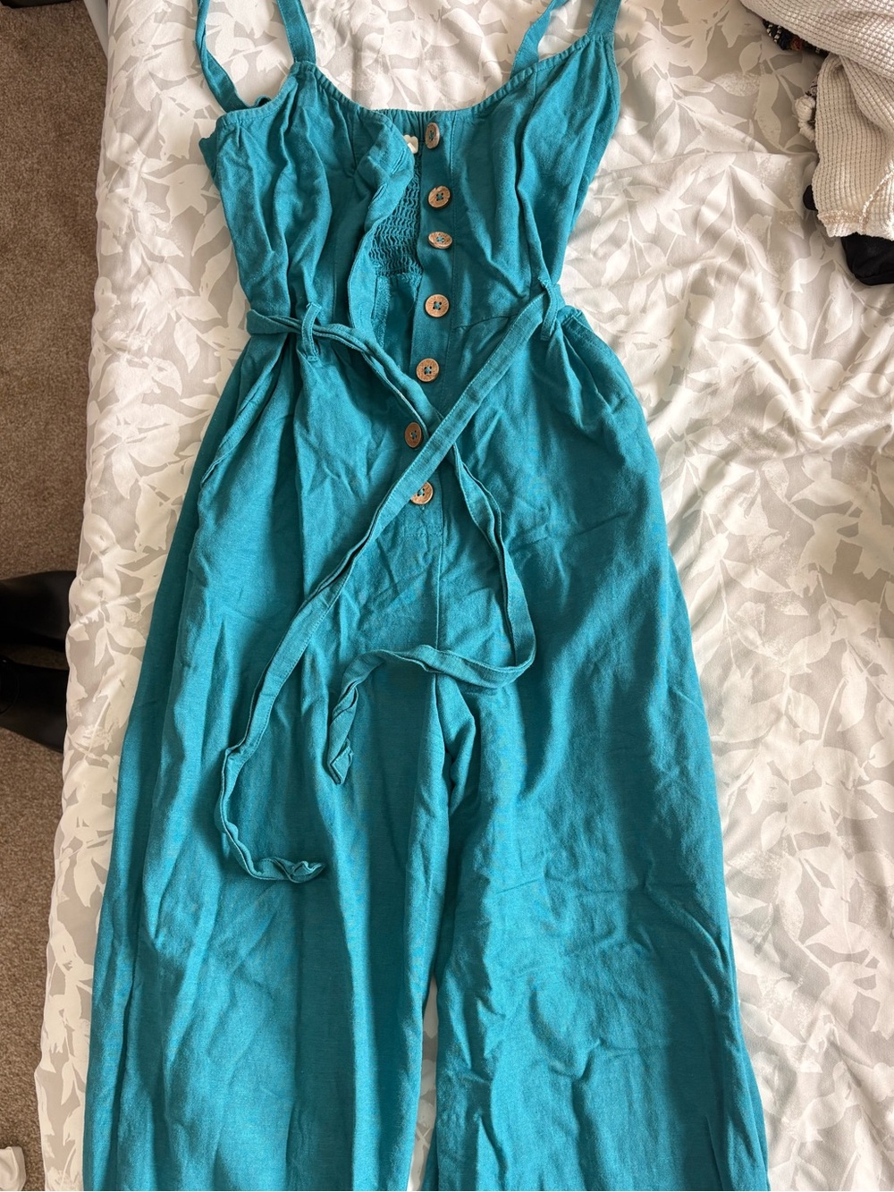 Roxy Linen Teal Button-Front Wide-Leg Jumpsuit